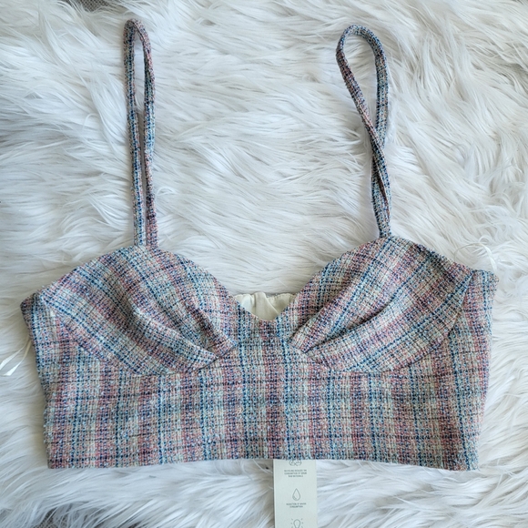 Zara White and Blue Pink Tweed Cropped Bralette Size Small Summer top NWT - Picture 3 of 10